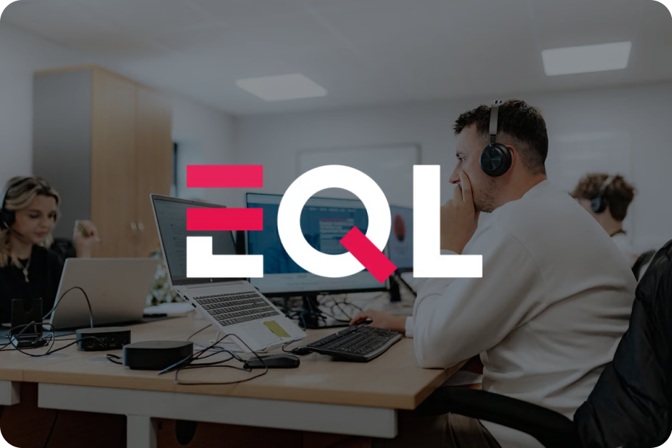 EQL logo overlaid on an office scene with employees wearing headsets.