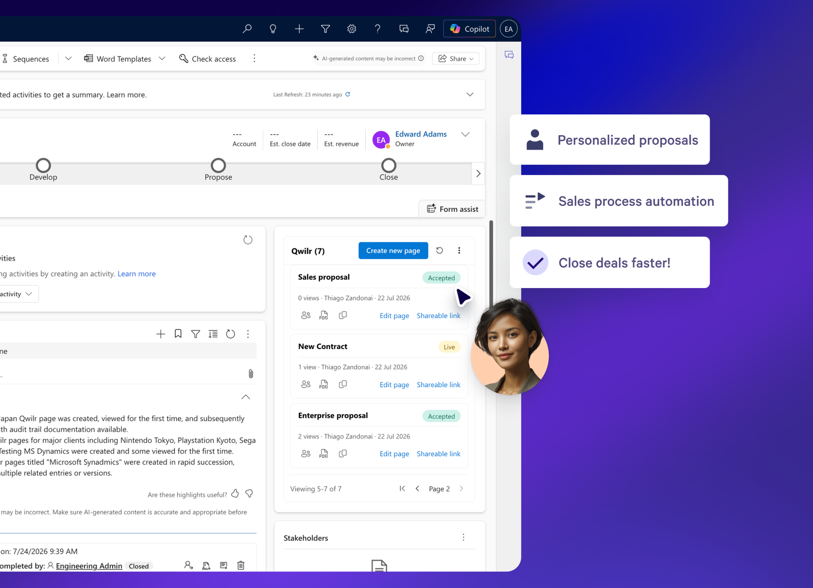 A business software interface showing sales workflow stages, proposal lists, and highlighted benefits: Personalized proposals, Sales process automation, and Close deals faster!, with a woman's profile.