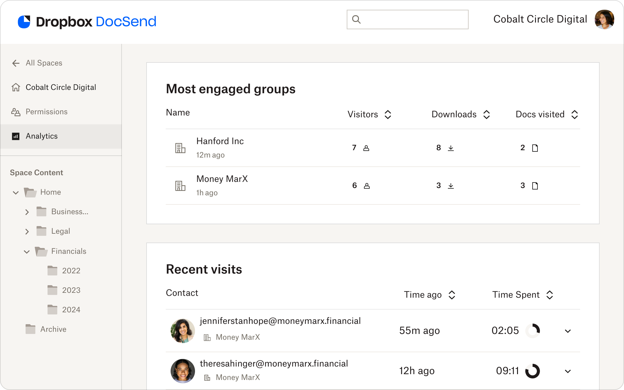 a screenshot of the dropbox docsend dashboard showing the most engaged groups