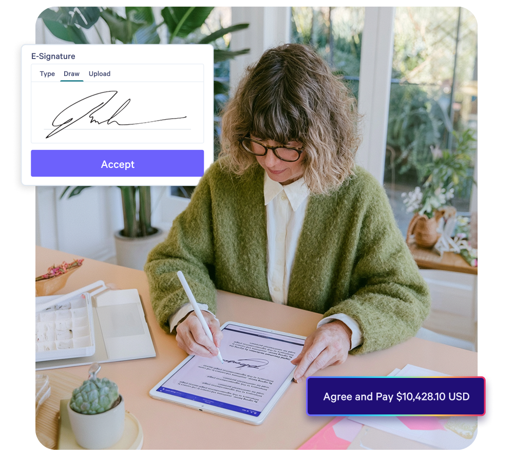 Woman electronically signing a document on a tablet, with an e-signature prompt and an "Agree and Pay" button.