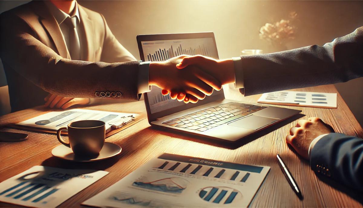 two businessmen are shaking hands over a table with a laptop