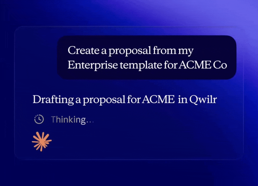 An AI assistant on a dark blue screen drafting a proposal for ACME in Qwilr, responding to the command "Create a proposal from my Enterprise template for ACME Co".
