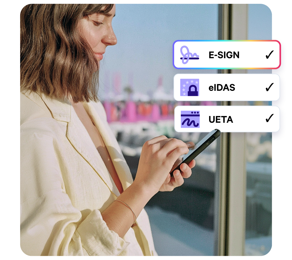 Woman using a smartphone, with overlaid cards displaying E-SIGN, eIDAS, and UETA options.