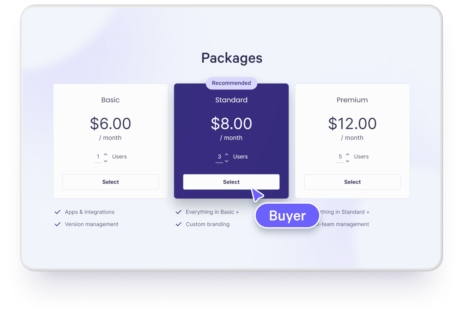 a purple packages page with a buyer button
