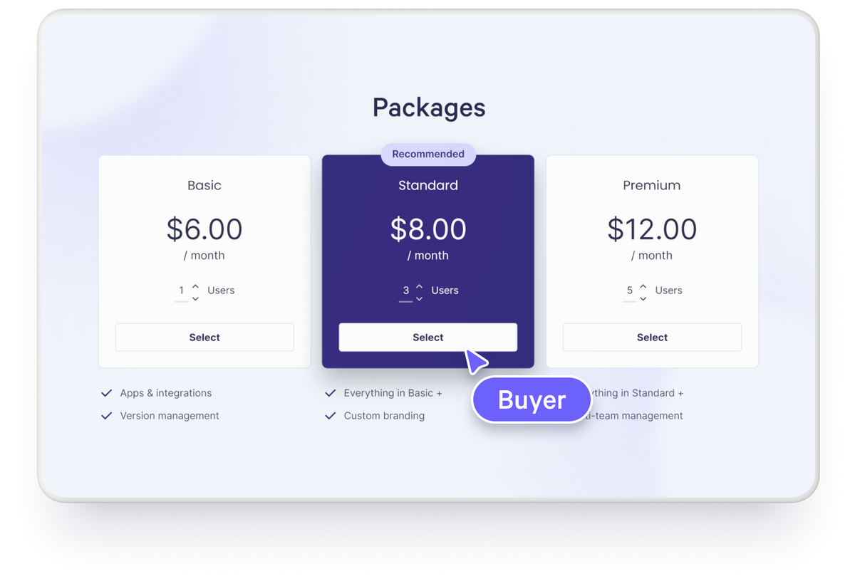 a purple packages page with a buyer button