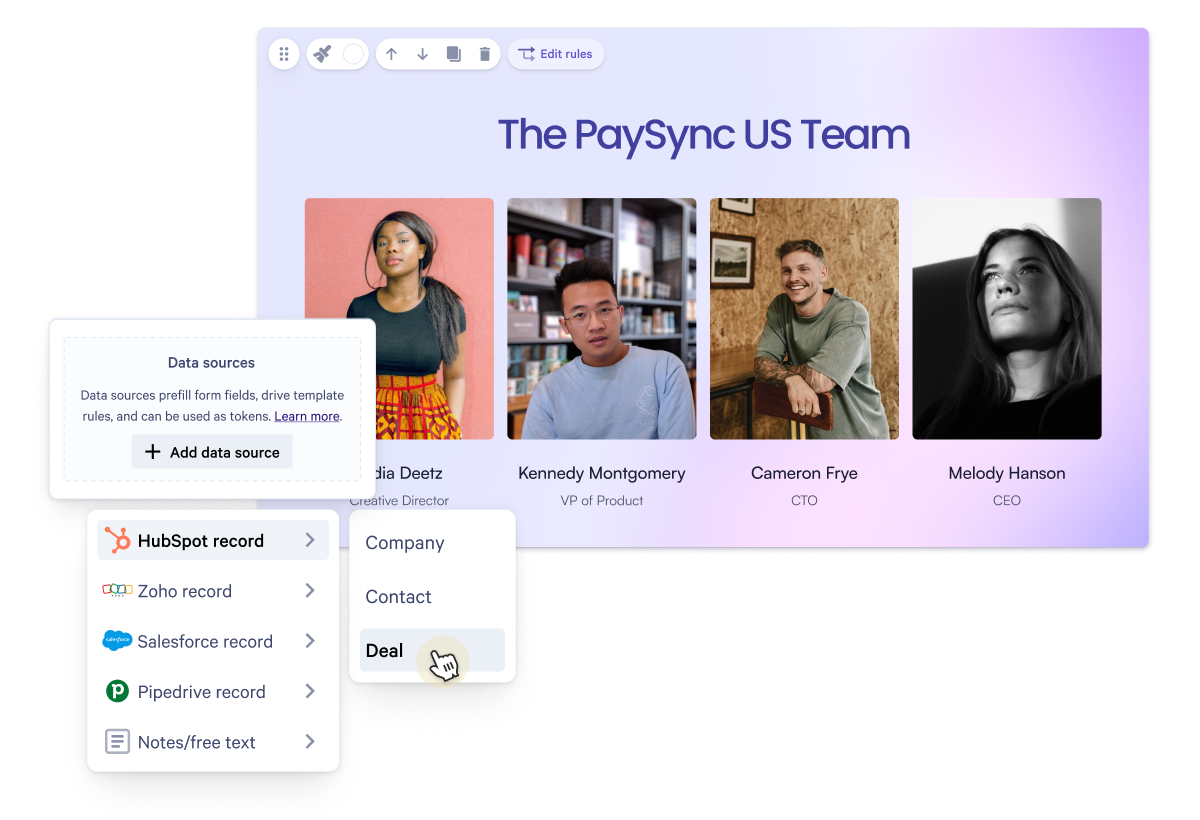 A software interface displays "The PaySync US Team" with four member photos. Overlaid menus show data source integration options from CRMs like HubSpot, Zoho, Salesforce, and Pipedrive, with "Deal" highlighted.