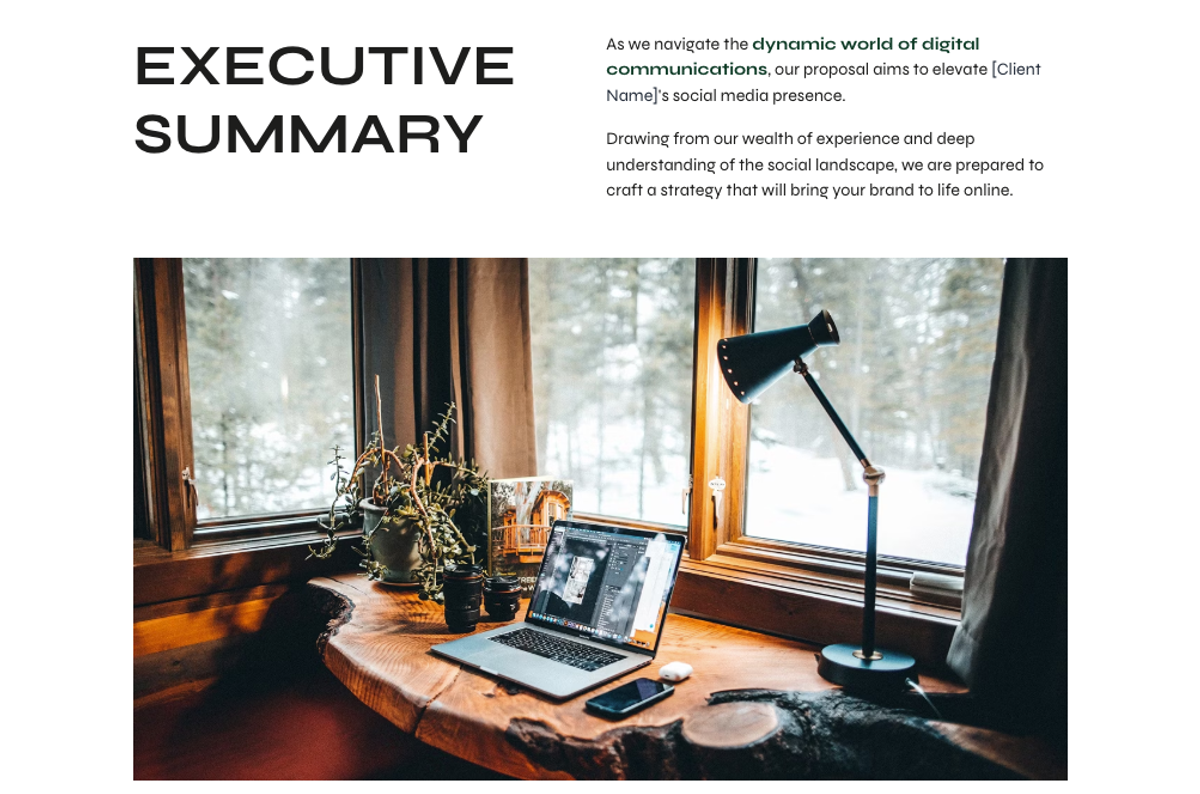 an executive summary with a picture of a desk with a laptop on it