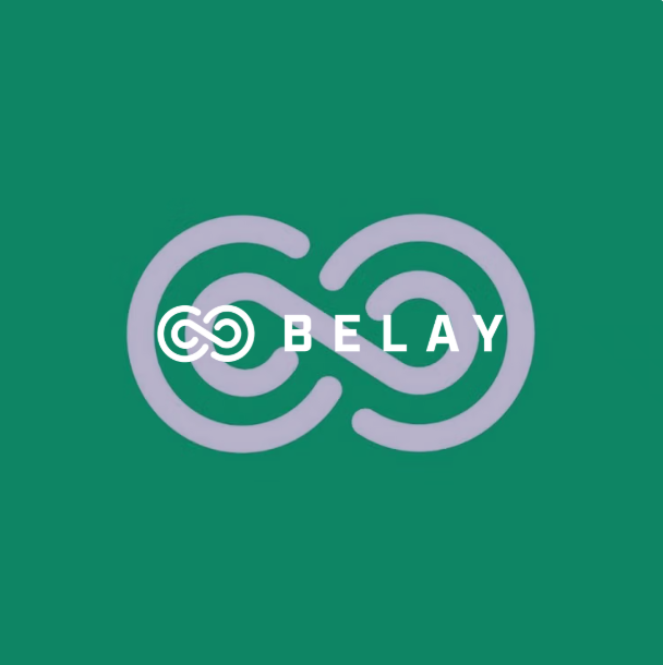 Belay logo featuring a stylized purple infinity symbol and white text on a green background.