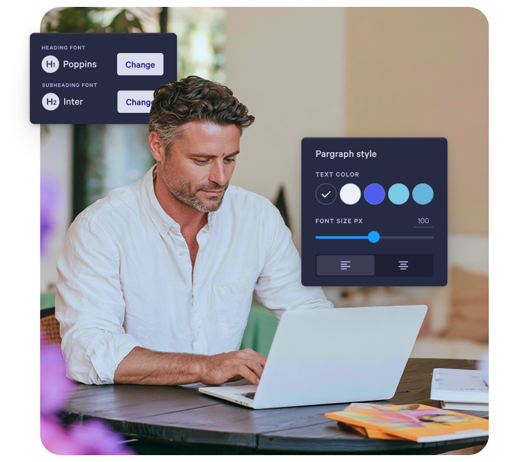 A man works on a laptop, with design interface panels for font and paragraph styling options visible.