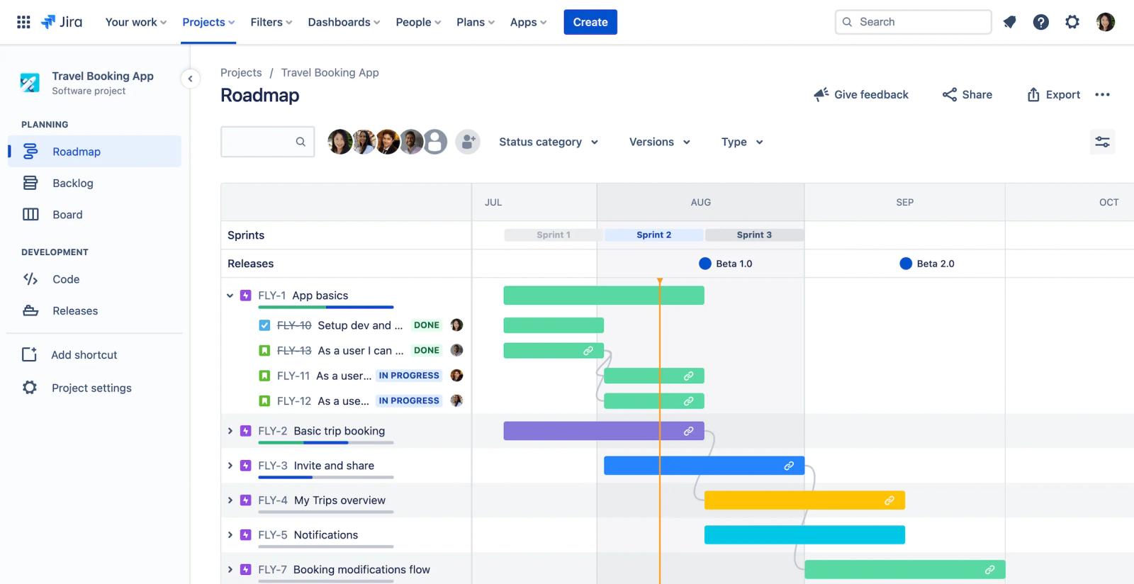 Jira software project roadmap for 'Travel Booking App' showing tasks, sprints, and releases on a timeline.