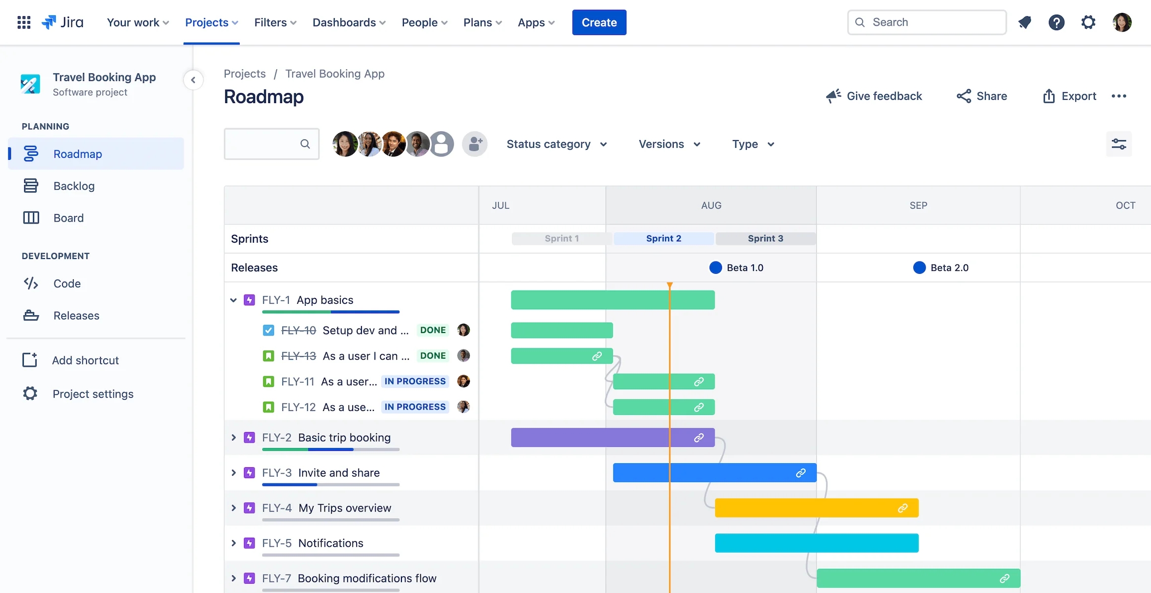 Jira software project roadmap for 'Travel Booking App' showing tasks, sprints, and releases on a timeline.