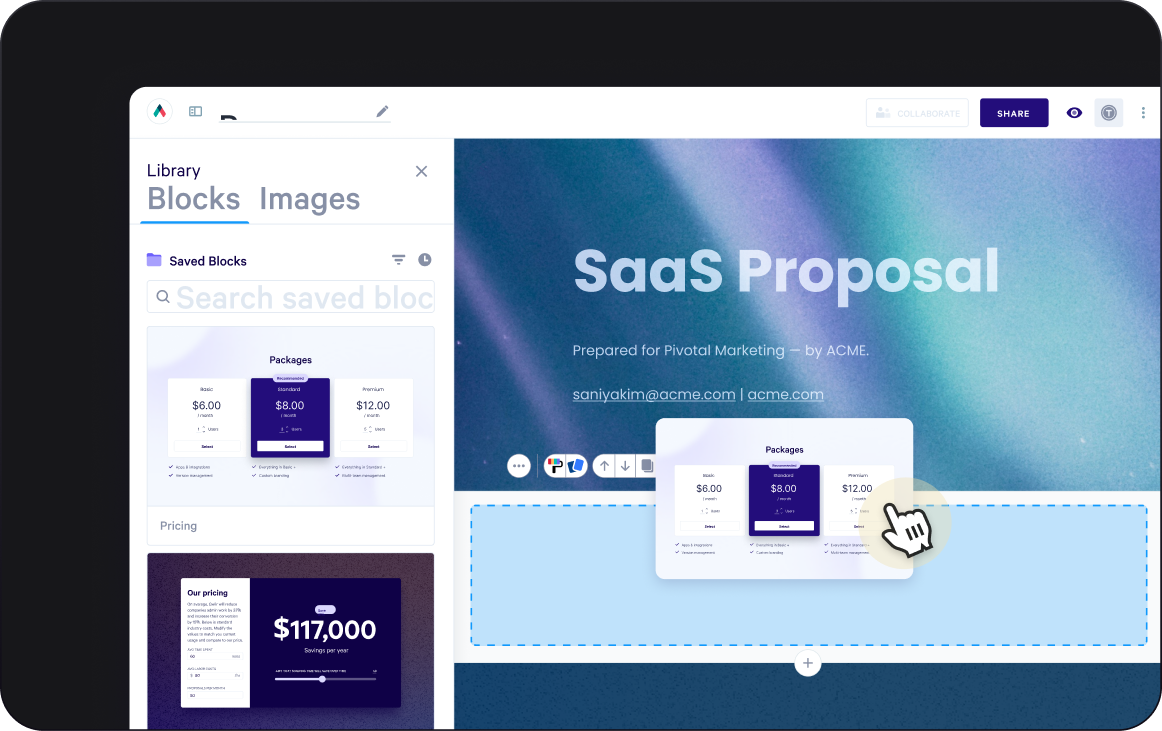 A SaaS proposal being created using Qwilr's drag-and-drop editor