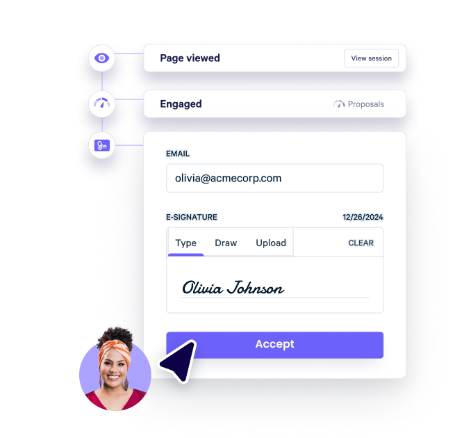 User interface displaying document engagement tracking, an e-signature form with 'Olivia Johnson' signed, and an 'Accept' button being clicked.