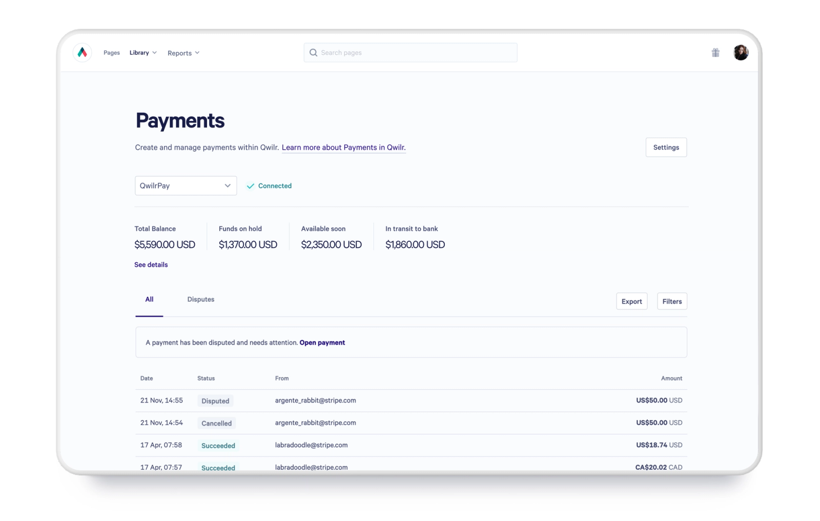 A web application dashboard displaying a 'Payments' section with financial summaries and a list of transactions, some marked as disputed.