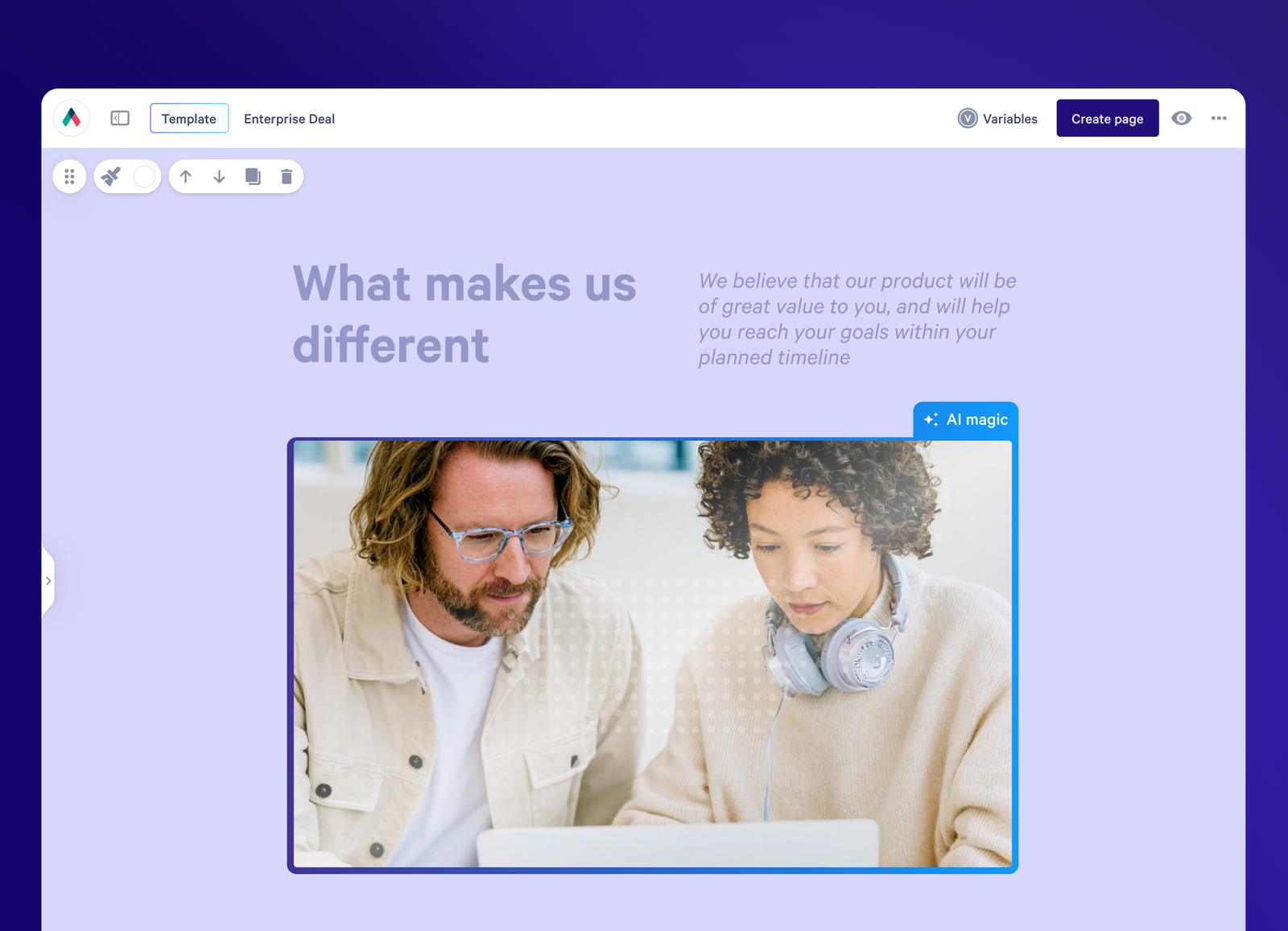 Software displaying a presentation template with "What makes us different" as the title, text, and an image of two people looking at a laptop, overlaid with an "AI magic" button.