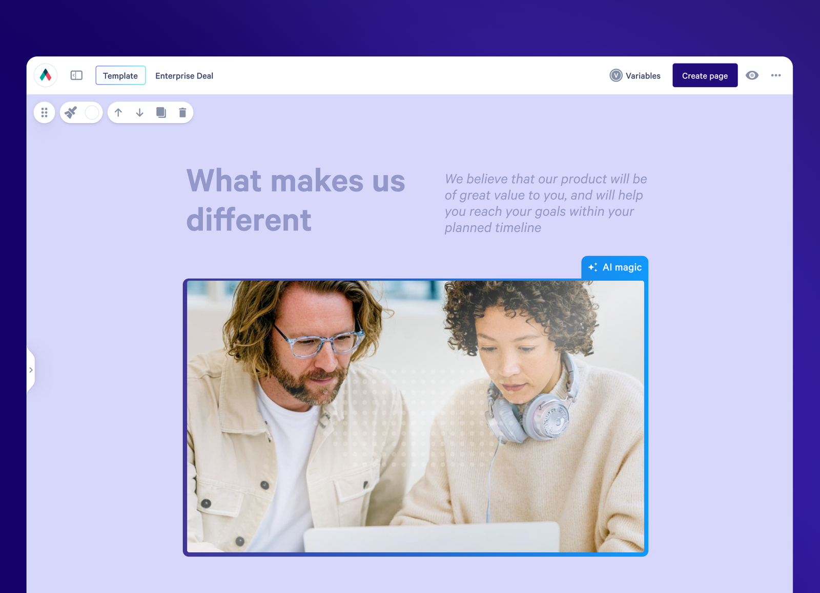Software displaying a presentation template with "What makes us different" as the title, text, and an image of two people looking at a laptop, overlaid with an "AI magic" button.