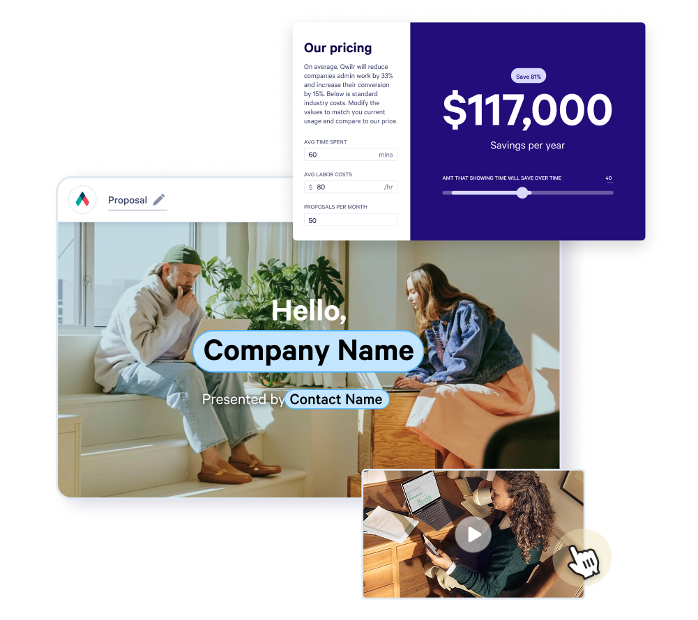 Screens displaying a digital proposal, pricing calculations showing $117,000 savings, and a video player.
