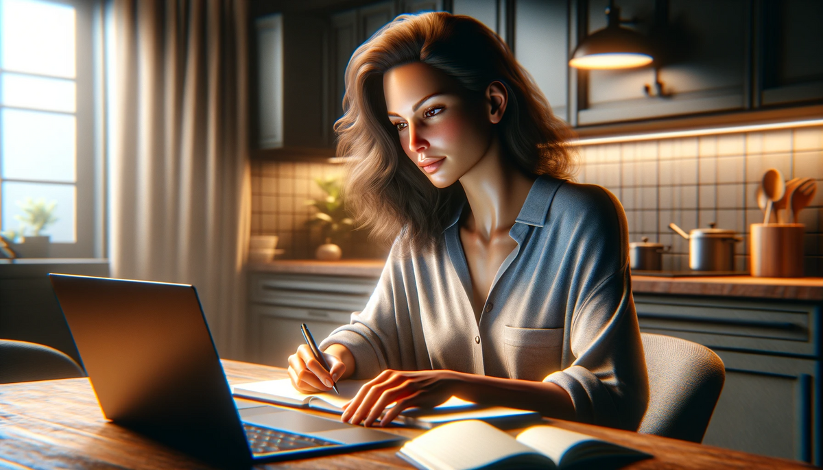 Woman on her laptop writing on paper