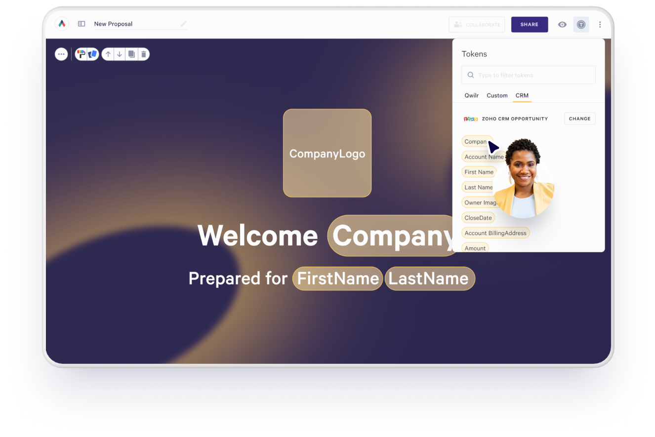A software interface personalizing a welcome document with company and user data via a Tokens menu.