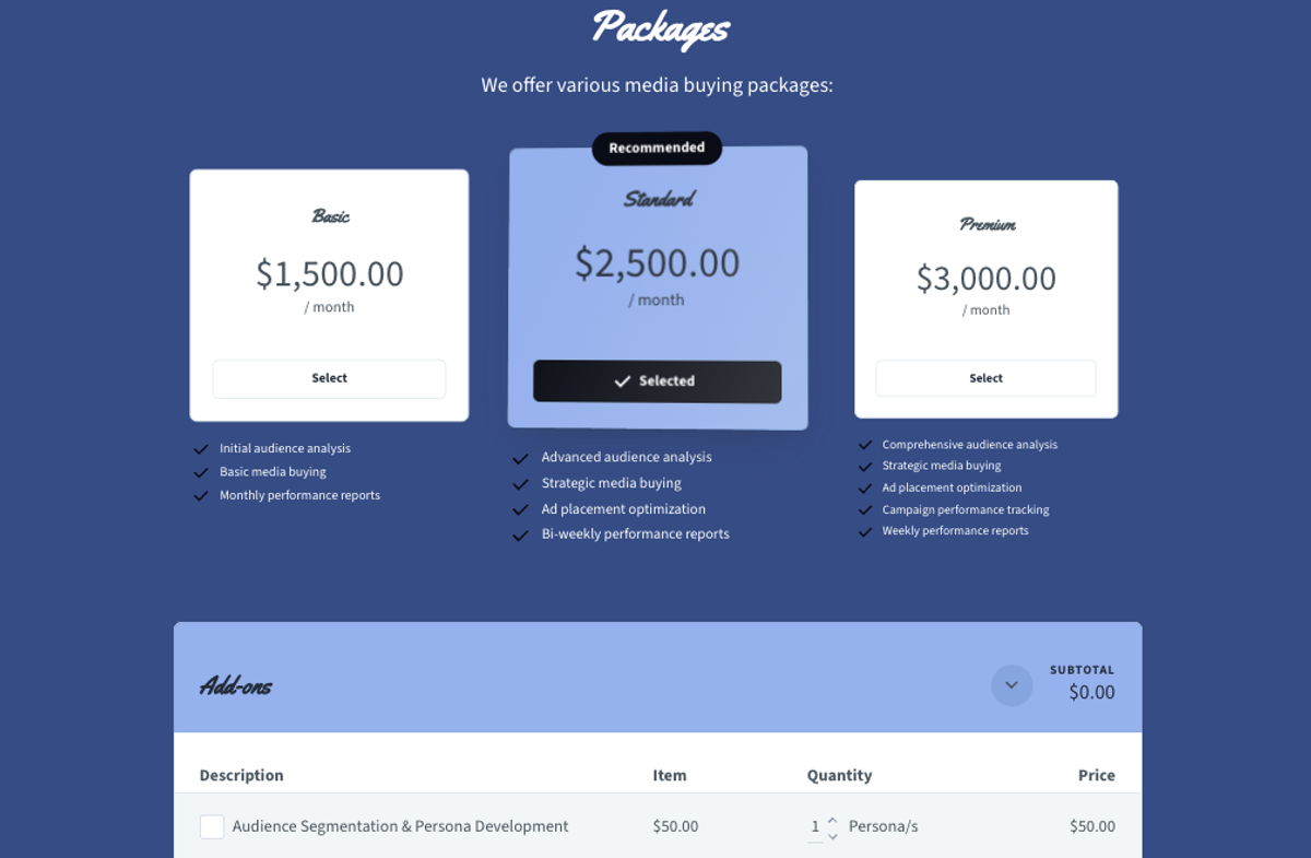 a packages page shows various media buying packages