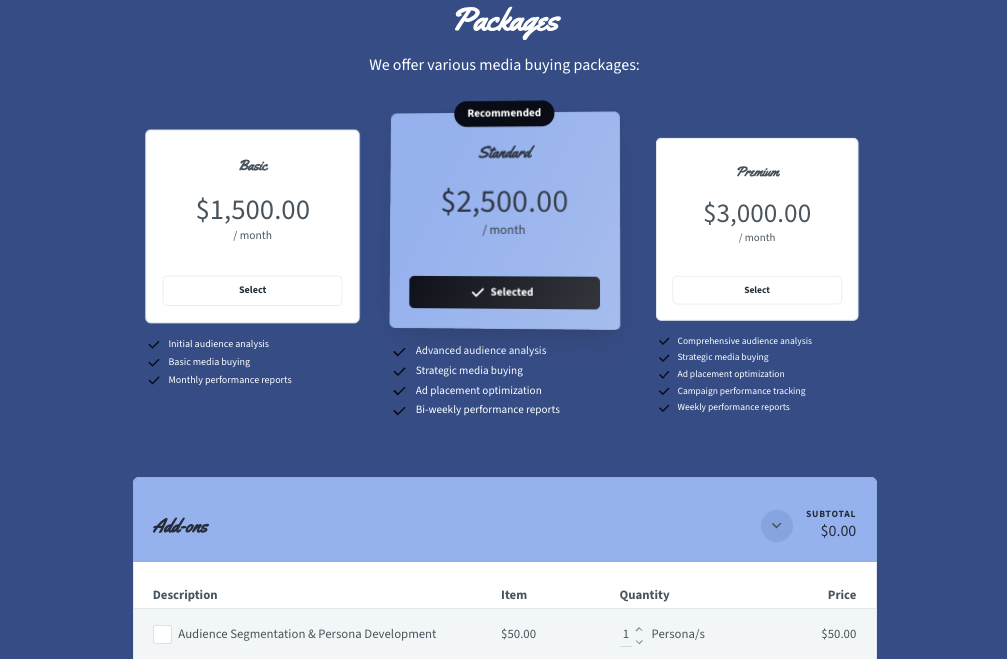 a packages page shows various media buying packages