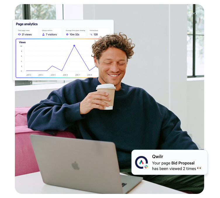 A smiling man sips coffee while looking at his laptop, with digital overlays showing page analytics and a notification that his bid proposal was viewed.