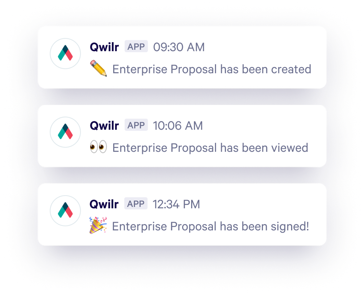 Receive Slack notifications when your Qwilr page is created, viewed and signed