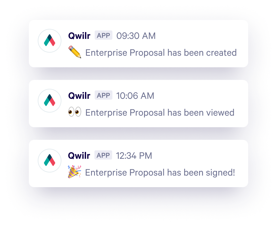 Receive Slack notifications when your Qwilr page is created, viewed and signed