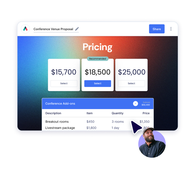 Application screens: a proposal template, a $117,000 savings calculator, and a video thumbnail.