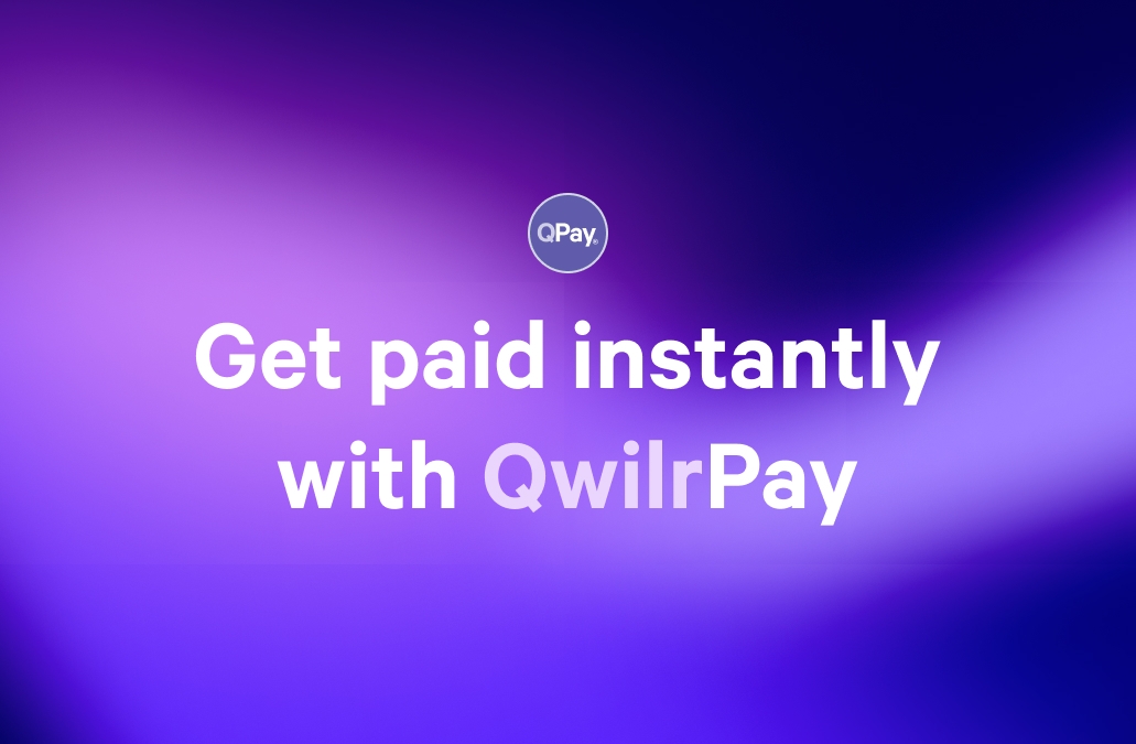 a purple background with the words `` get paid instantly with qwilrpay '' on it .