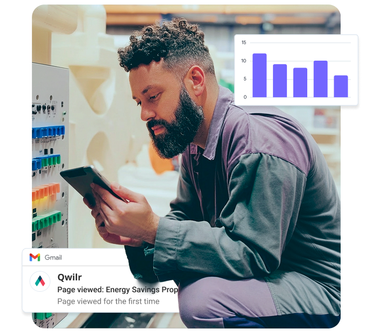 A bearded man in a work uniform examines a tablet next to an electrical panel with colorful switches. A bar chart and an energy savings notification are overlaid.