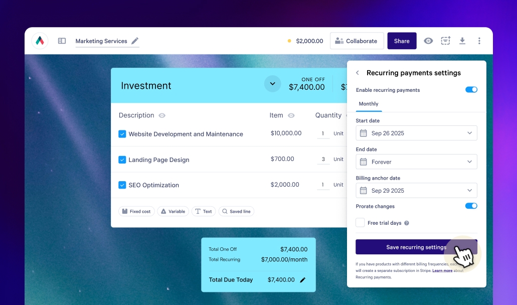 a screenshot of a recurring payments settings page .