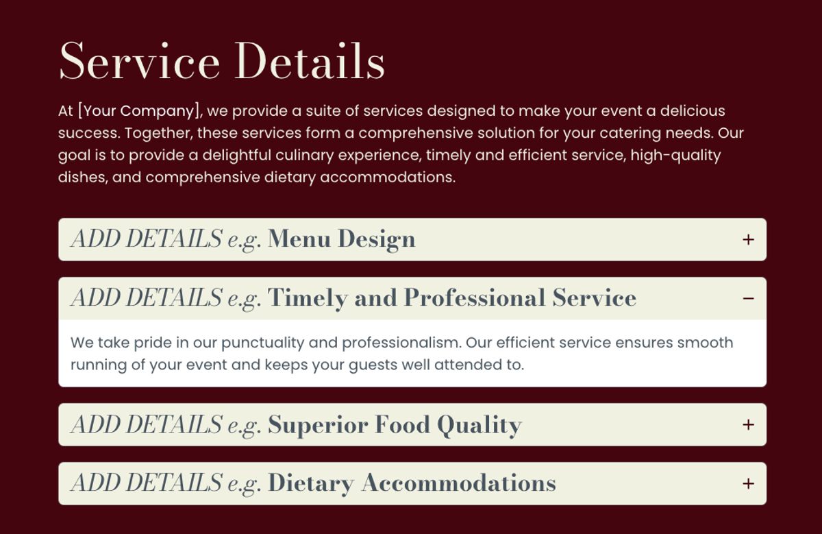 a page that says service details at the top
