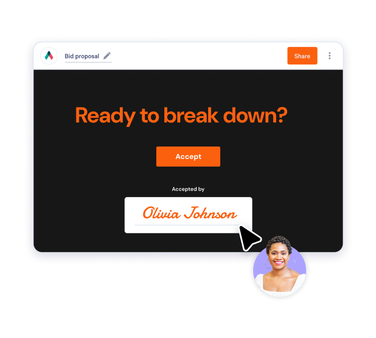 A digital "Bid proposal" document with an "Accept" button and a digital signature for "Olivia Johnson", with a mouse cursor pointing to it, next to a profile photo of a smiling woman.