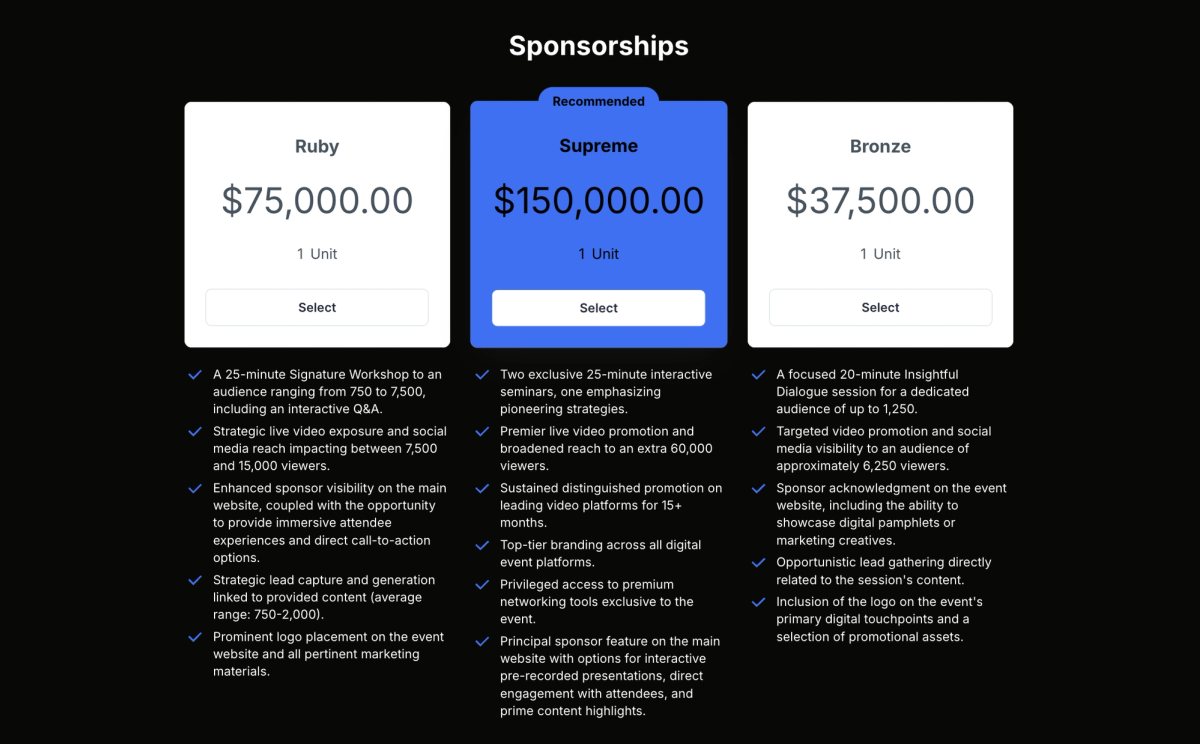 a display of sponsorships including ruby supreme and bronze