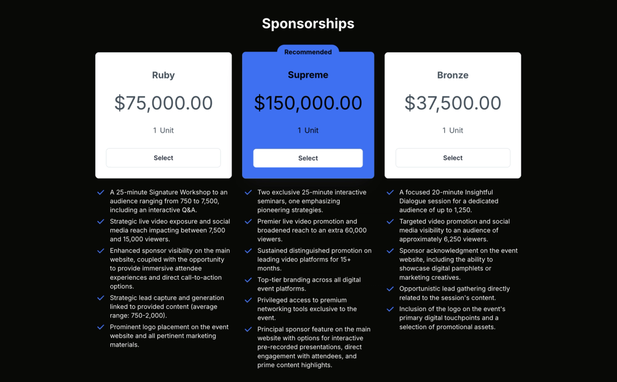 a display of sponsorships including ruby supreme and bronze