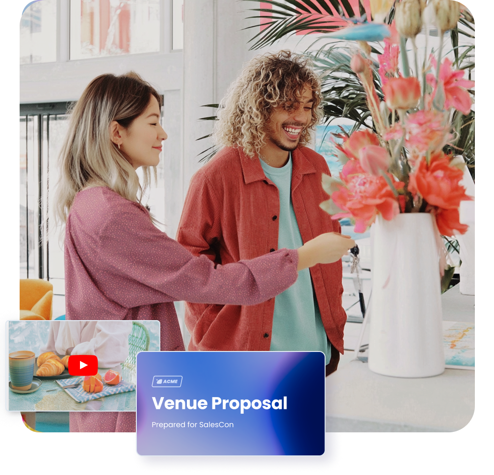 Two smiling people arranging flowers, with a 'Venue Proposal' document and a breakfast video thumbnail overlaid.
