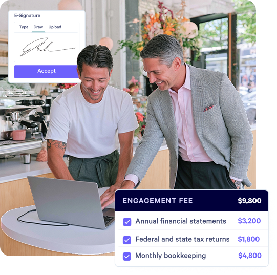 Two men review a laptop in a cafe, with overlaid digital windows showing an e-signature interface and an engagement fee breakdown for accounting services.
