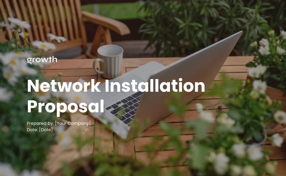 a laptop sits on a table with the words network installation proposal