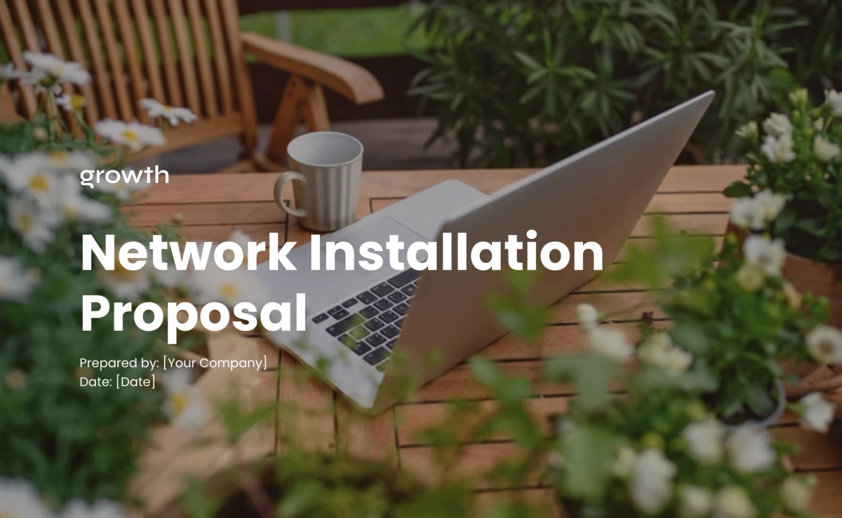 a laptop sits on a table with the words network installation proposal
