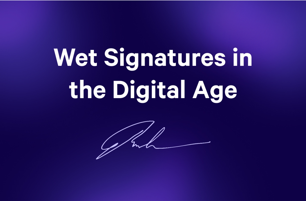 a purple background with the words `` wet signatures in the digital age '' and a signature .