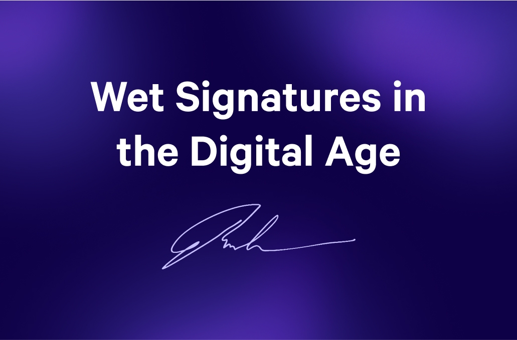 a purple background with the words `` wet signatures in the digital age '' and a signature .
