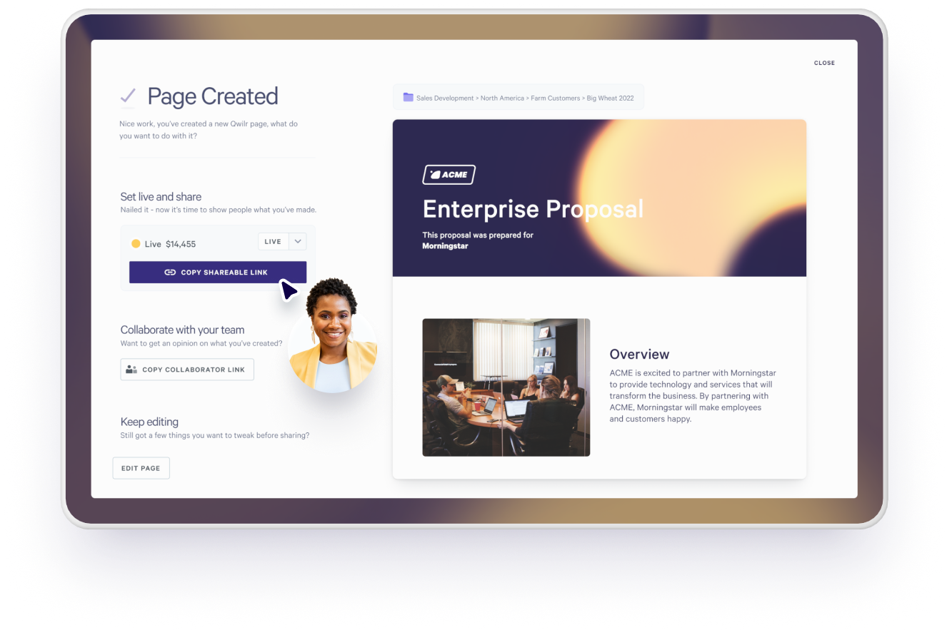 A tablet screen displaying a "Page Created" confirmation, options to share and edit, and a preview of an "Enterprise Proposal" document.