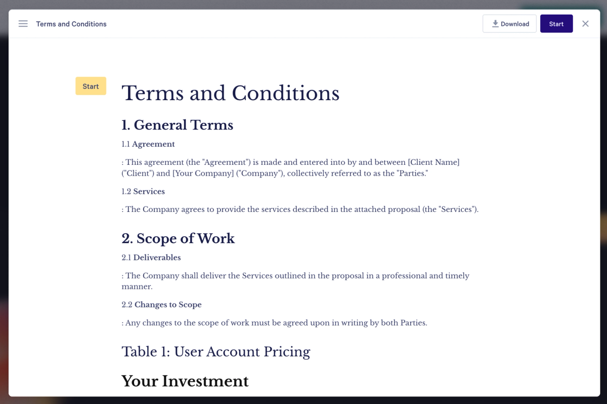 A screen displaying a "Terms and Conditions" document with text and "Download" and "Start" buttons.