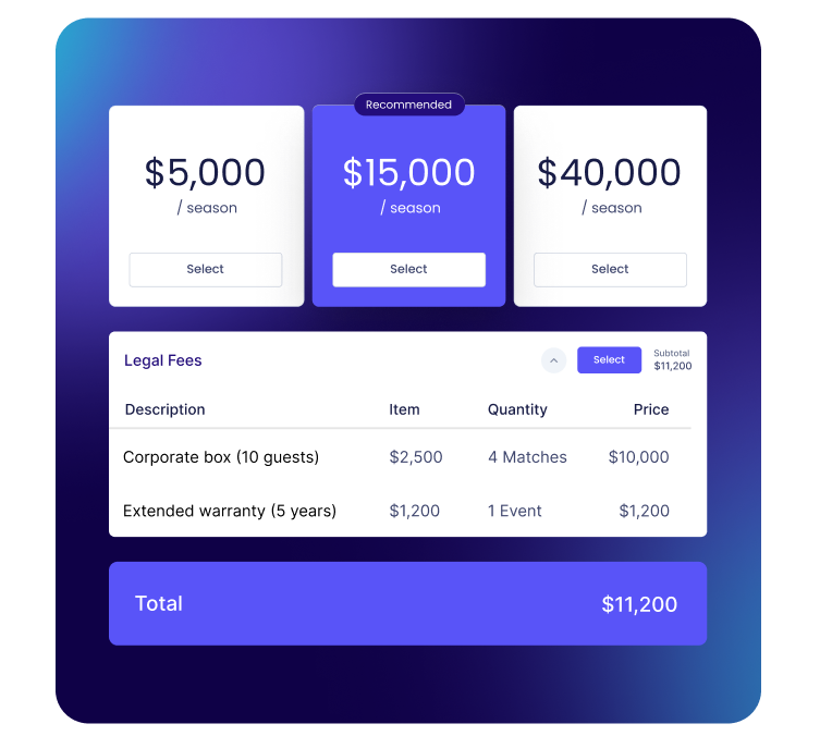 Pricing interface showing seasonal plans from $5,000 to $40,000, with a legal fees breakdown totaling $11,200.
