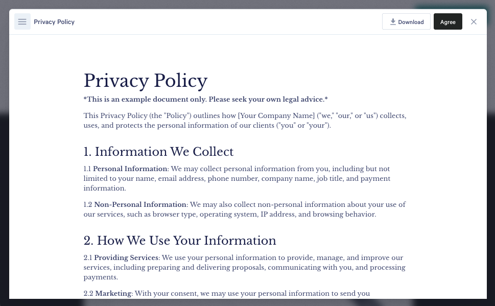 a privacy policy is displayed on a computer screen