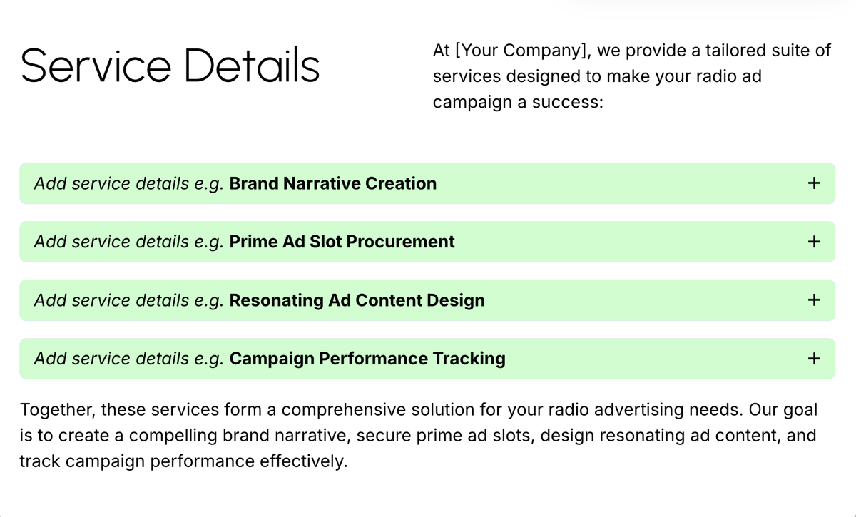 a list of service details for a radio ad campaign