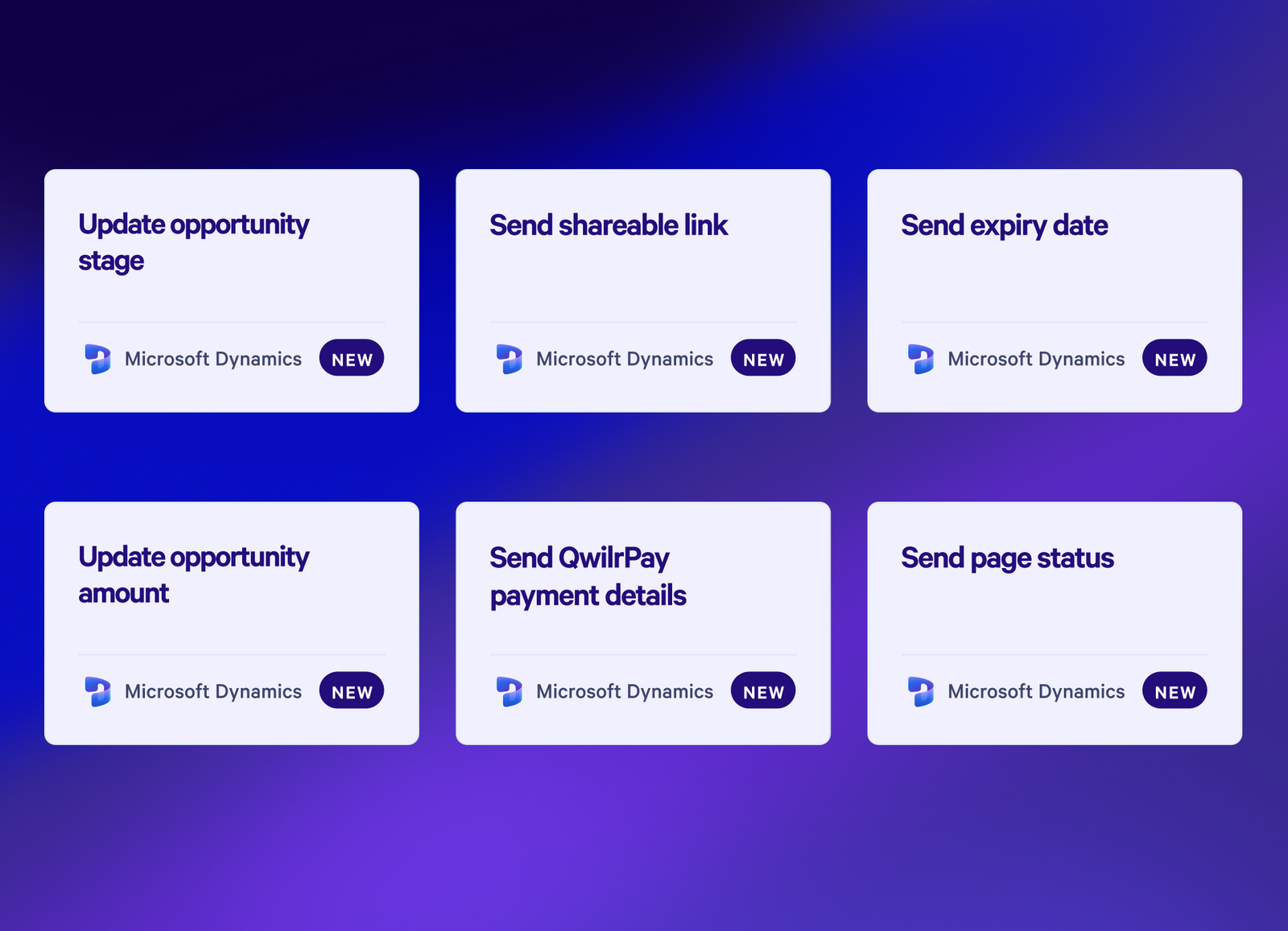 Six cards showing 'NEW' Microsoft Dynamics features like 'Update opportunity stage' and 'Send shareable link'.