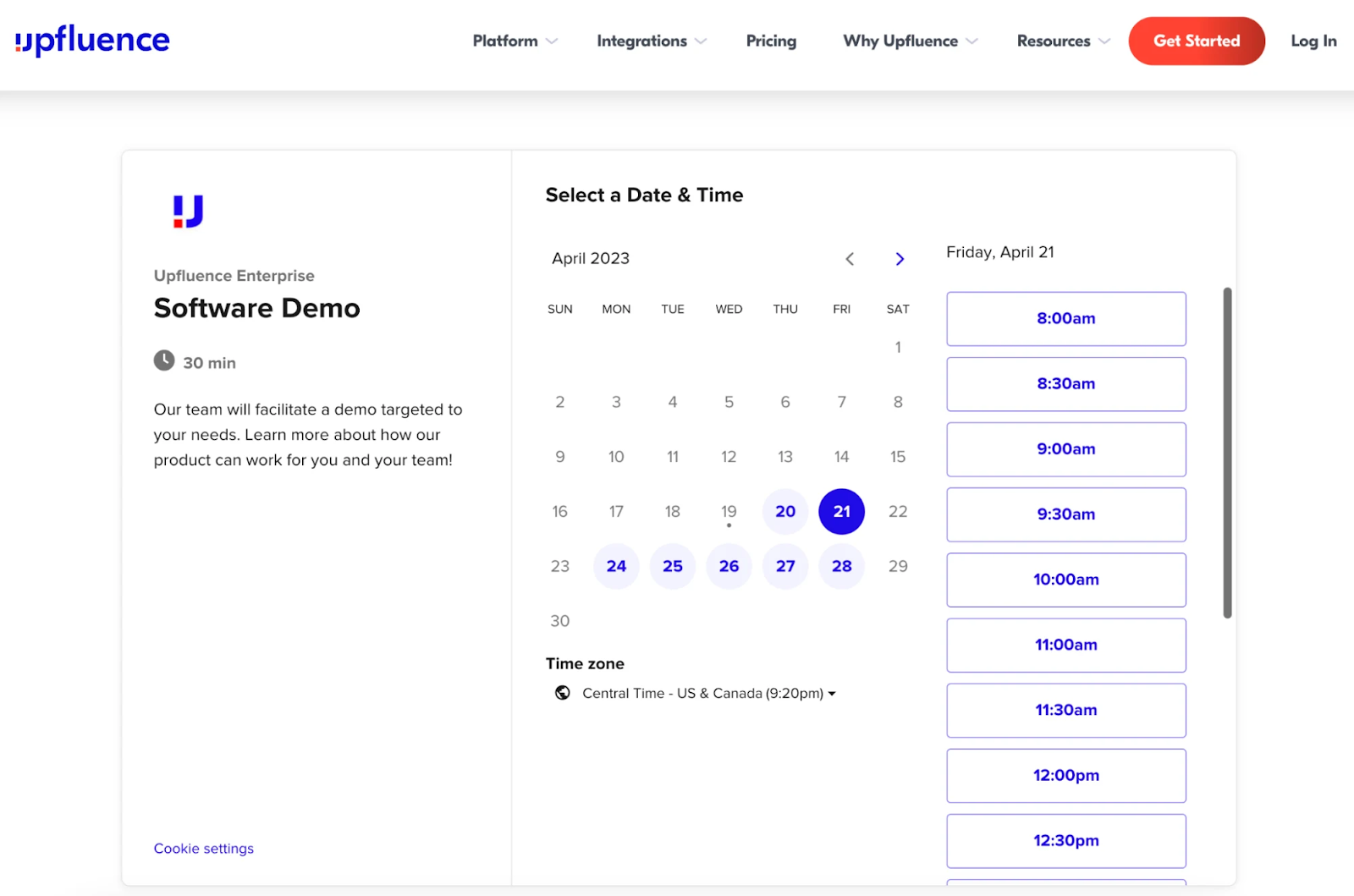 A web page showing a calendly interface to schedule an Upfluence software demo, displaying April 2023 dates and available time slots.