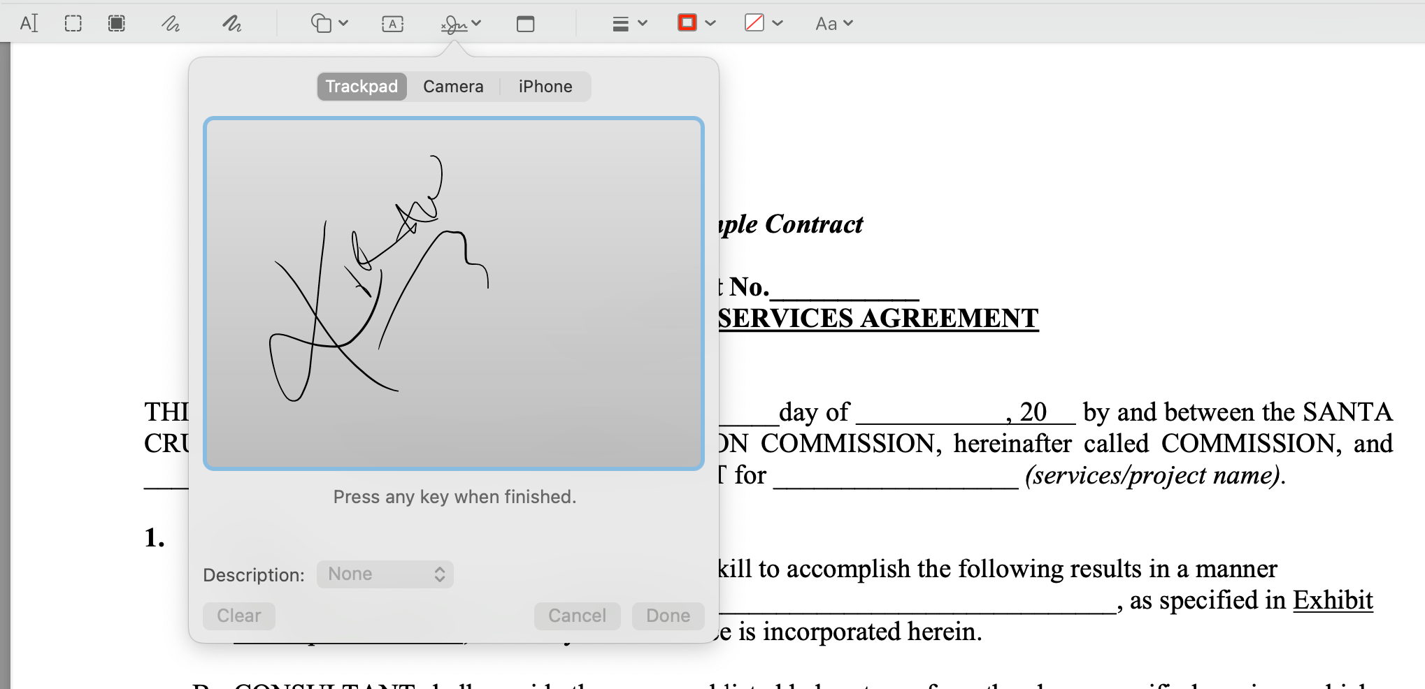 a screenshot of a service agreement being signed